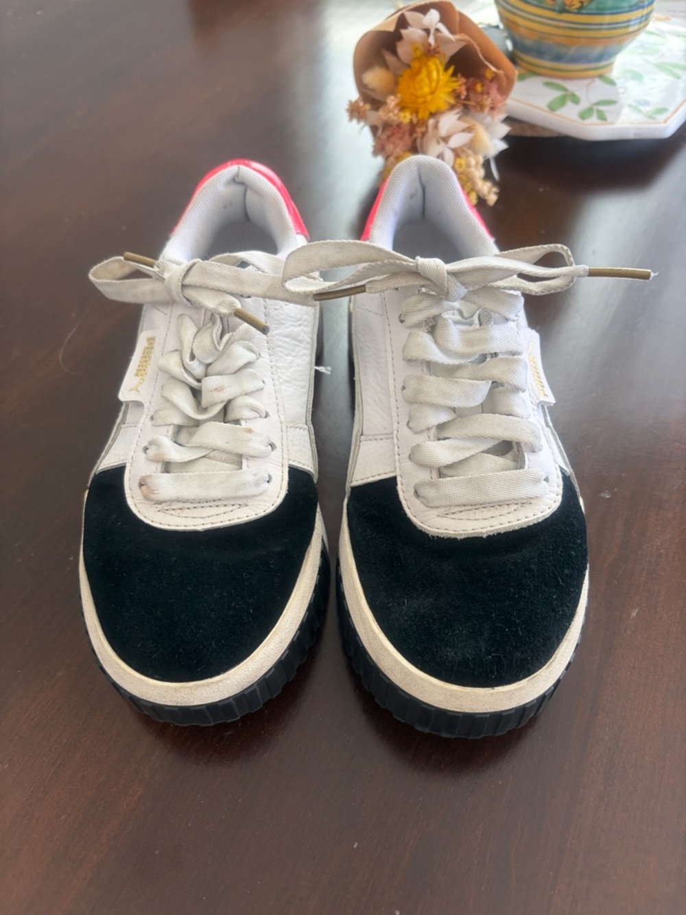 Puma White and Black Low-Top Sneakers with Hot Coral Heel Accent